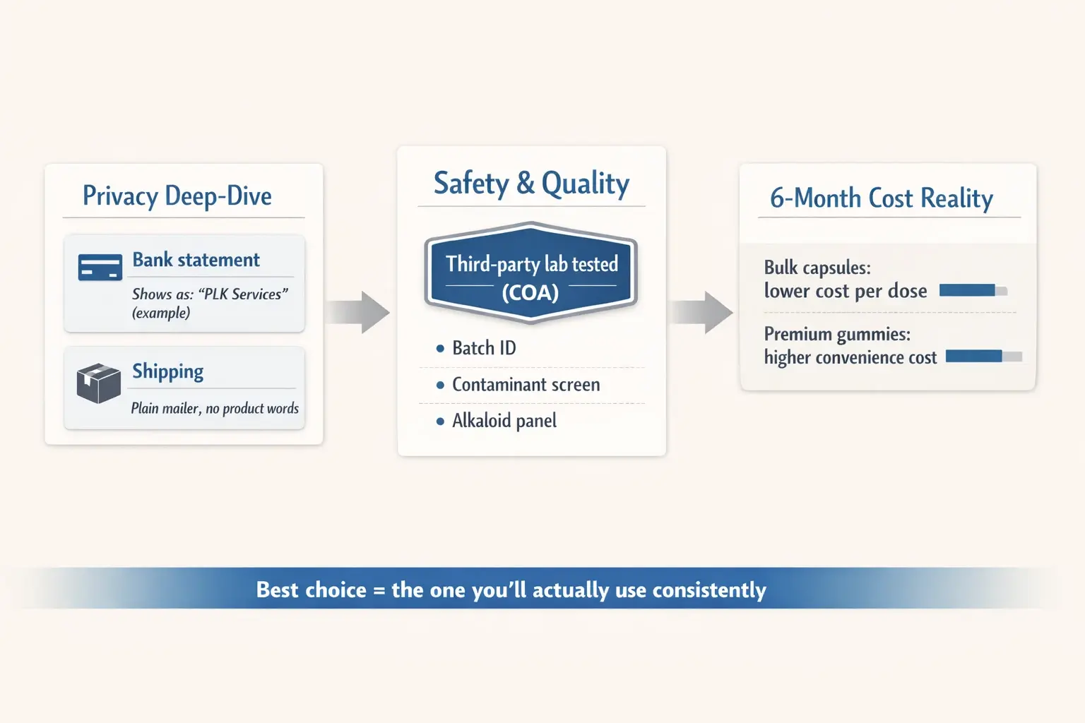 Confidence comes from more than onset time: verify privacy (billing + shipping), confirm safety (COA testing), and sanity-check long-term cost before choosing gummies or capsules.